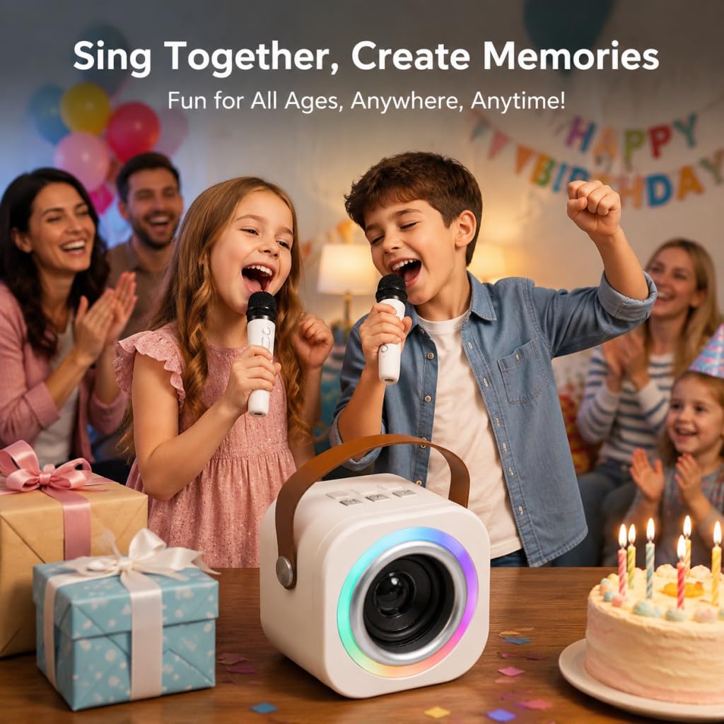 Mini máquina de karaoke para niños con 2 micrófonos inalámbricos, efectos divertidos de cambiador de voz, altavoz Bluetooth portátil con luces LED, soporte AUX/USB/TF, regalos de cumpleaños para niñas