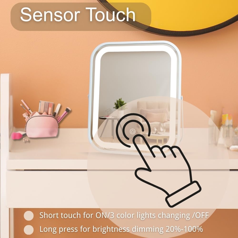 LED-Make-up-Spiegel, wiederaufladbar, mit 3 Farbeinstellungen, Touch-Steuerung, tragbarer und kabelloser Kosmetikspiegel, Premium-Metallrahmen, Geschenk bereit für Reisen, Weiß