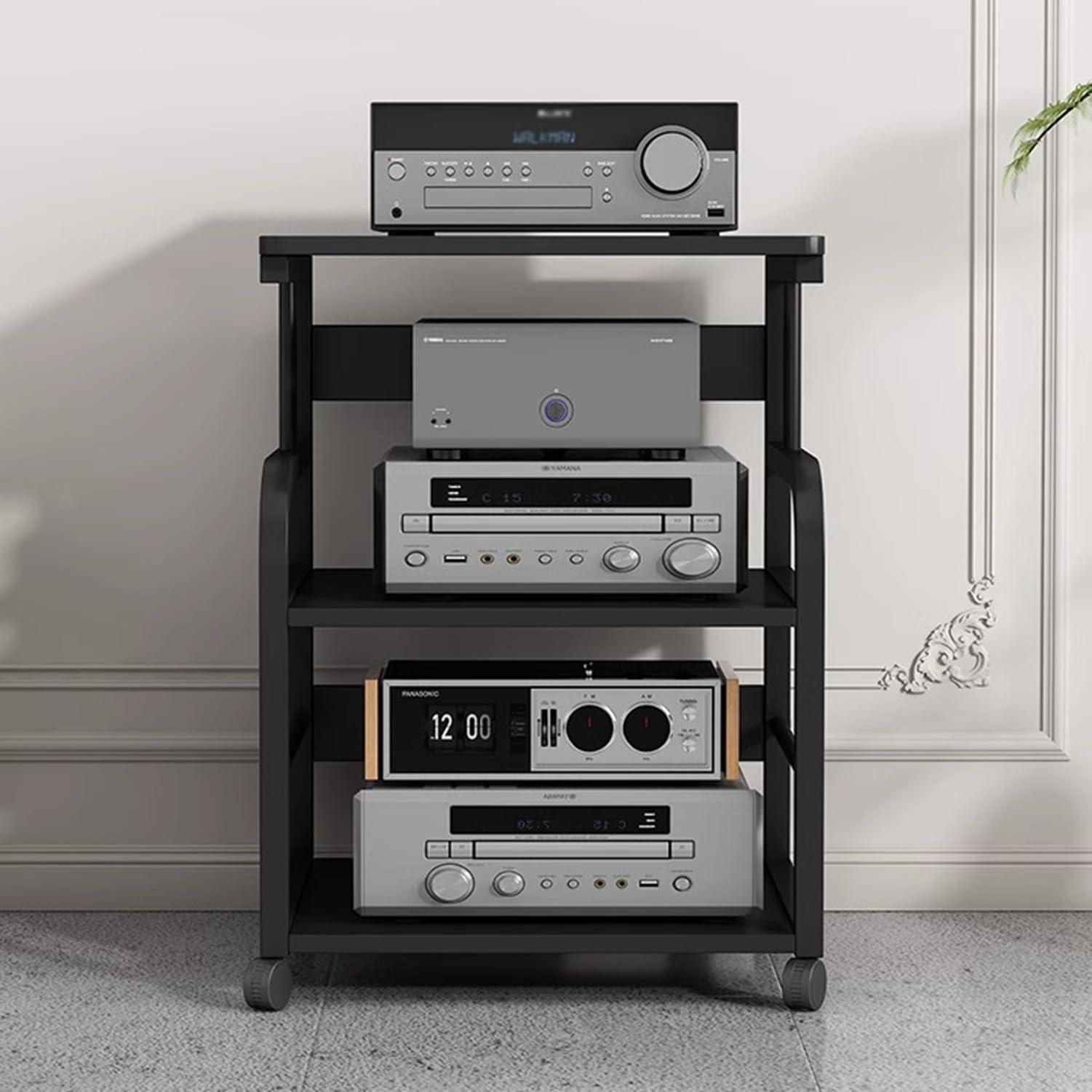 Stojak na sprzęt audio z 3 poziomami, stojak na sprzęt HiFi z kółkami i drewnianymi półkami, ruchoma wieża pod sprzęt audio-wideo do systemów stereo i kin domowych (naturalny) (kolor tekowy 50x40