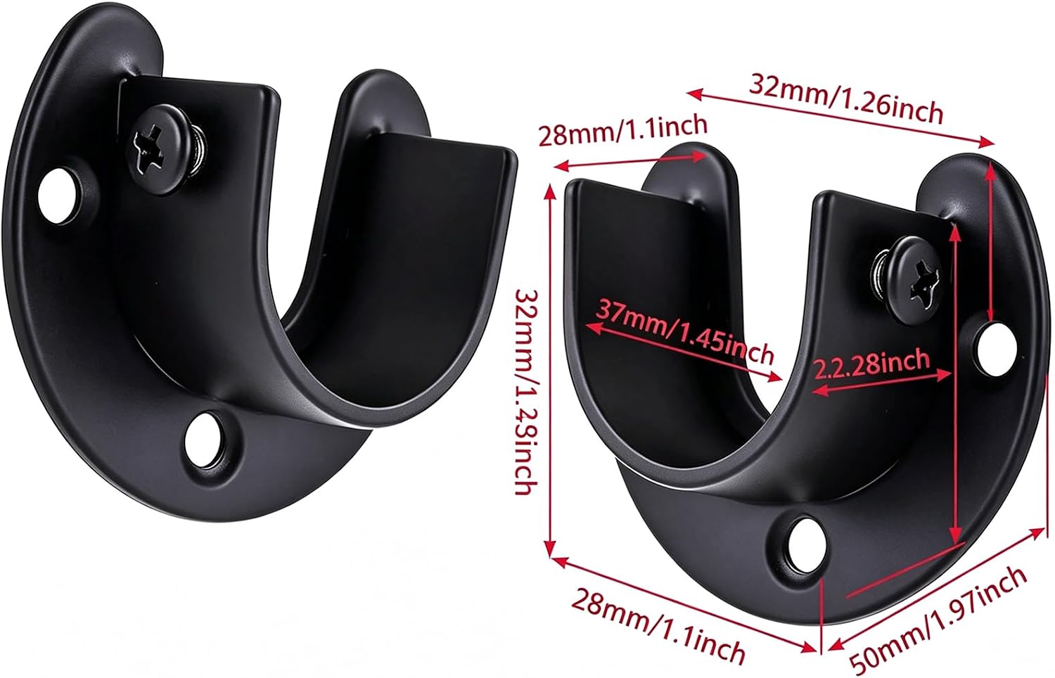 HAJXH 2 Pack Black Closet Rod Brackets 32mm 1-1/4 Inch U-Shaped
