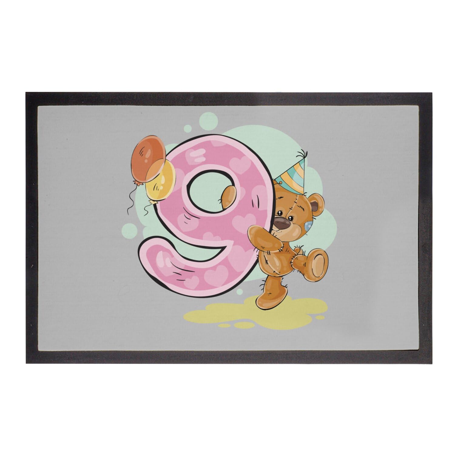 Paillasson gris 60x40cm pour anniversaire 9 ans avec ourson