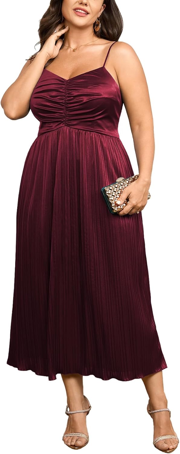 SCOMCHIC Women's Plus Size Dress Pleated V Neck Sleeveless Spaghetti Strap A Line Cocktail Party Cami Long Maxi Dress