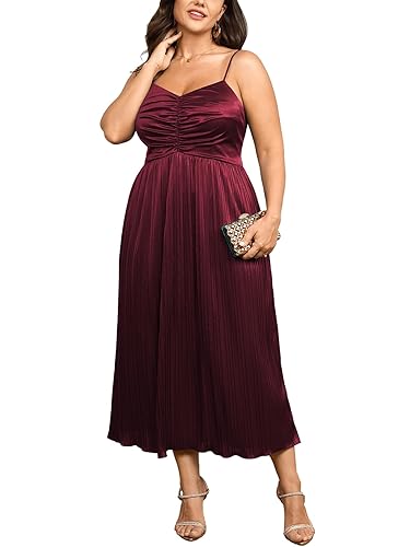 SCOMCHIC Women's Plus Size Dress Pleated V Neck Sleeveless Spaghetti