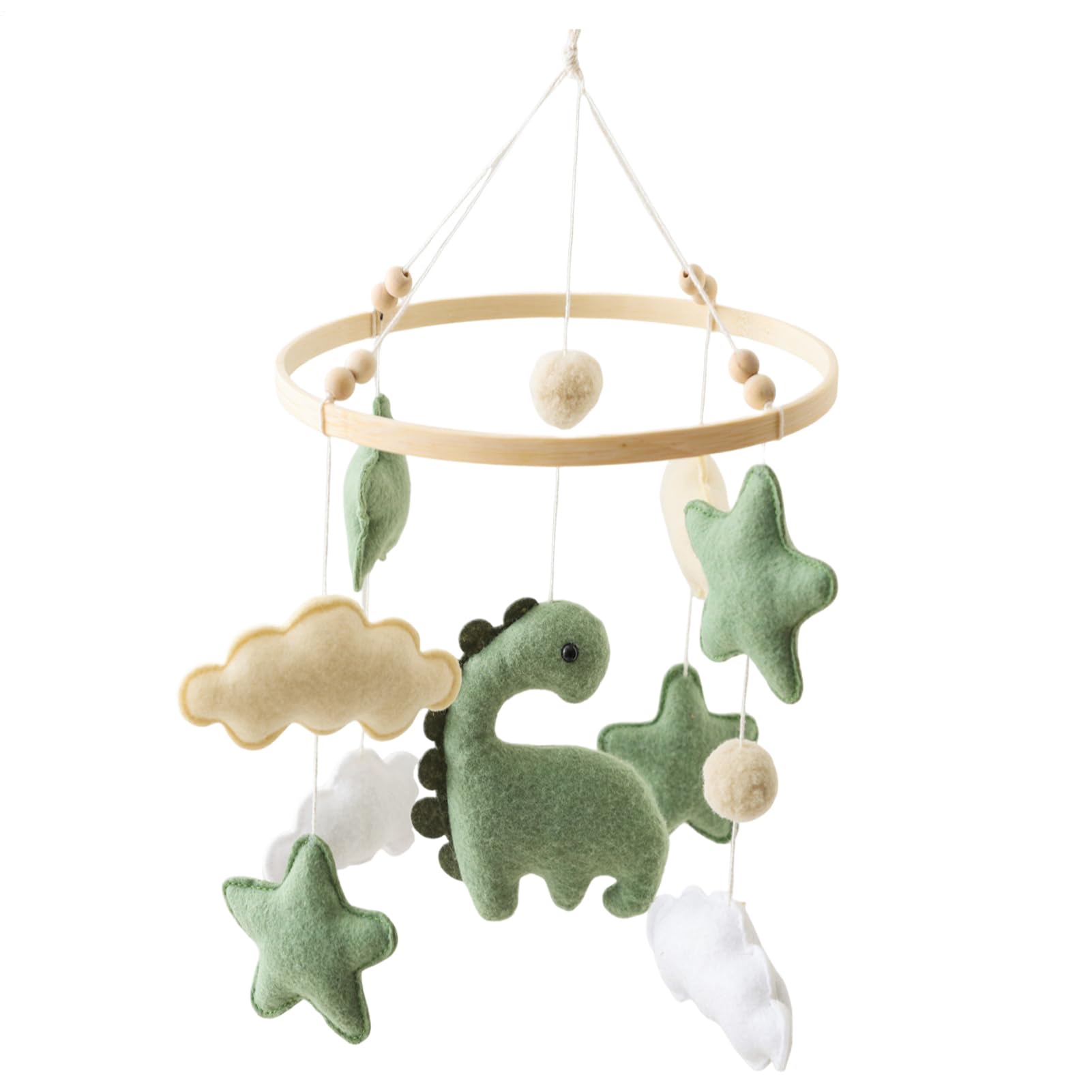 Wooden B-aby Crib Mobile, Soft B-aby Bed Mobile Wind Chime with Dinosaur Clouds Stars Felt Ball, Hanging Mobiles for Children, Nursery Room Decoration, Gift for N-ewborn Boys and Girls