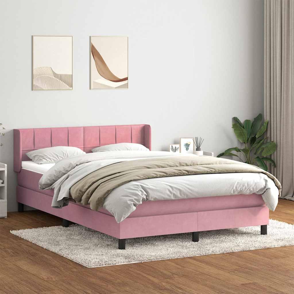 Aksamitny z materacem kieszeniowym Nowoczesny 160x210 cm różowy | Łóżko kontynentalne z materacem kieszeniowym, różowe, 160x210 cm, aksamit, z regulowanym zagłówkiem i topperem