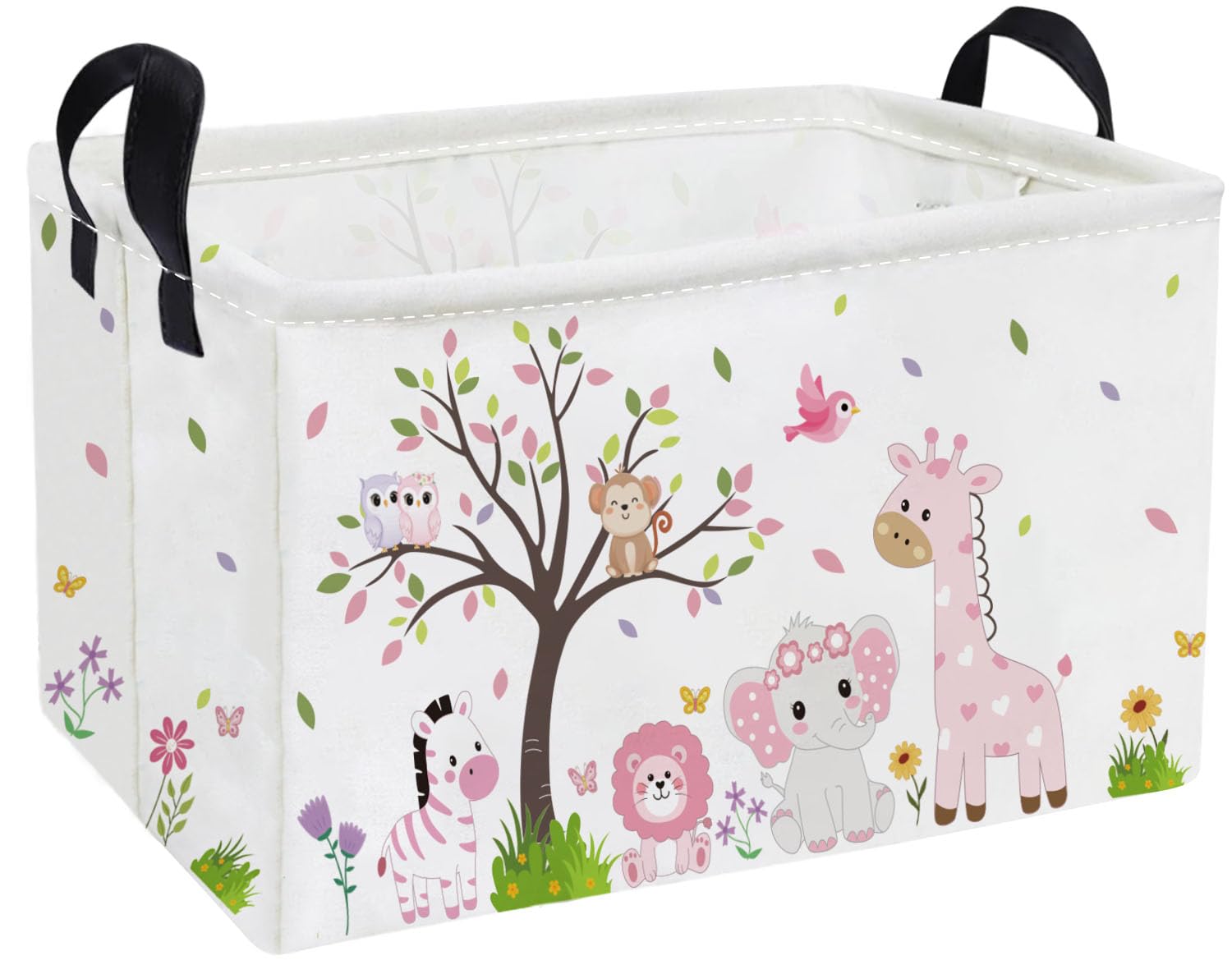 Essme Rectangular Animal Baskets,Pink Storage Basket with Handles for Room Decor,Cute Storage Bin（Pink animal）