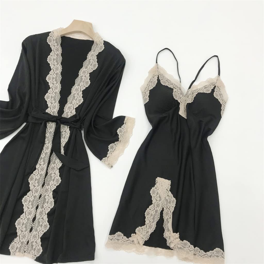 Kobiety V-Neck bielizna nocna satynowa koronkowa patchworkowa szata garnitur letnia suknia Femme pasek koszula nocna z klockami Casual zestaw do spania
