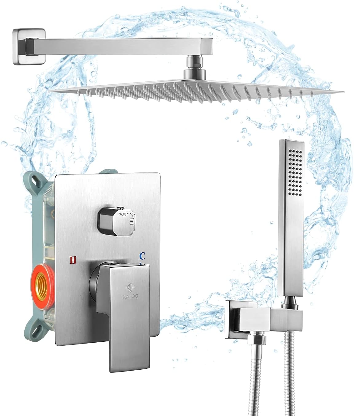 Kalog Rain Mixer Shower System with Jets, Brass Bathroom Shower Faucet Set with Rain Shower Head (Brushed Nickel 12")