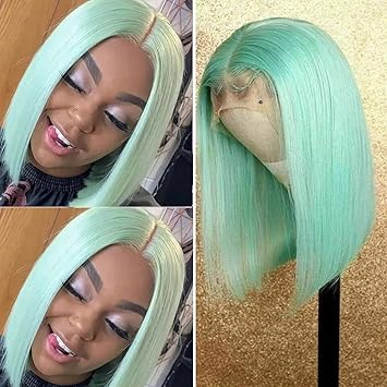 Amazon Com Lace Front Wigs Mint Green Human Hair Pre Plucked Hairline With Baby Hair 8 180 Density Glueless Brazilian Virgin Hair Lace Wigs Straight Short Silky Bob For Black Women Beauty