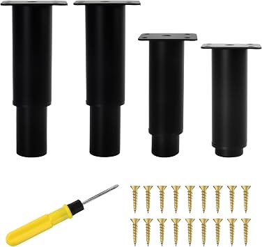 4 Pcs Adjustable Furniture Legs, 12-22 cm Black Replacement Furniture Feet, Heavy Duty Couch Foot with Screwdriver, Support Leg for Sofa Cabinet Bed Table Cupboard Chair