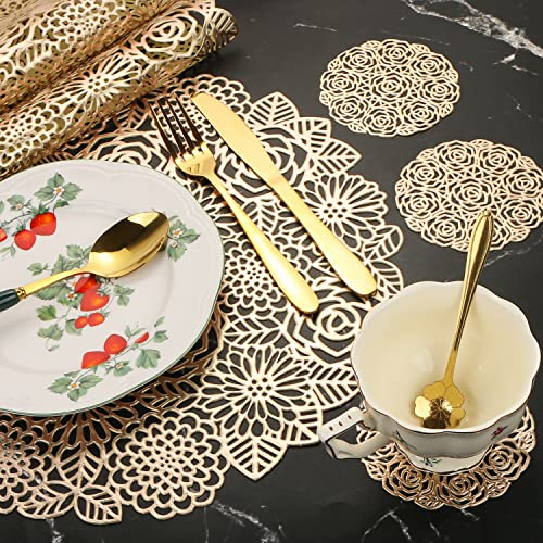 24 Pcs Round Pressed Vinyl Placemats Gold Placemat Coaster Set Metallic Place Mat Rose Floral Non Slip Table Mats for Wedding Dinner Party Table Supplies Washable Heat Resistant (Gold Flowers, 24) by MIKIMIQI - Used condition - Image 3