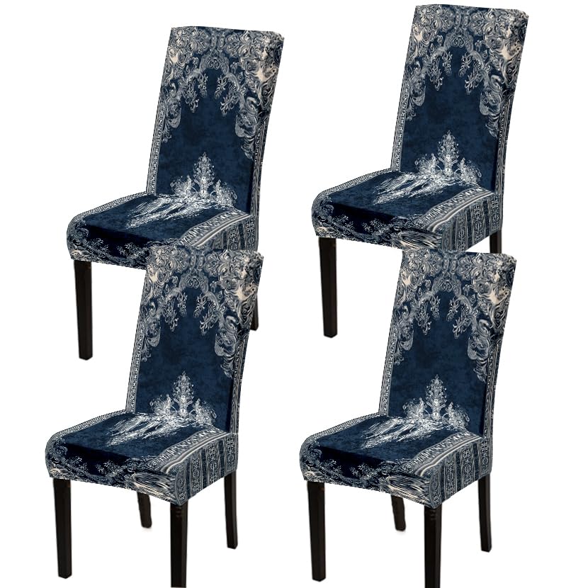 Image of Navy Blue Paisley Dining Chair Covers Set of 4, Boho Slipcovers