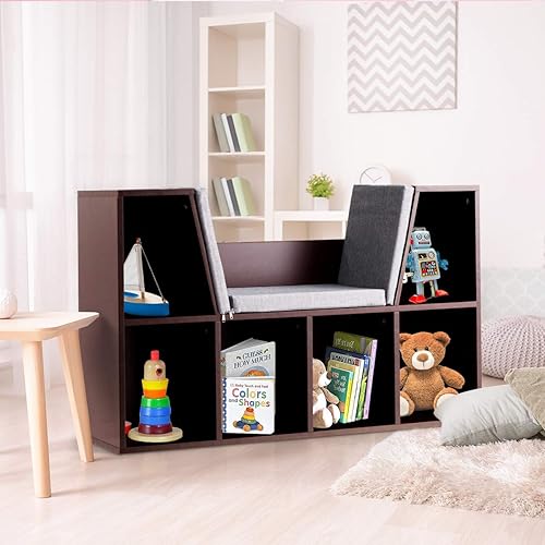 Miniatura 8 de Costzon Estantería infantil con rincón de lectura, estantería de 6 cubos con cojín de asiento suave, organizador de almacenamiento de juguetes de