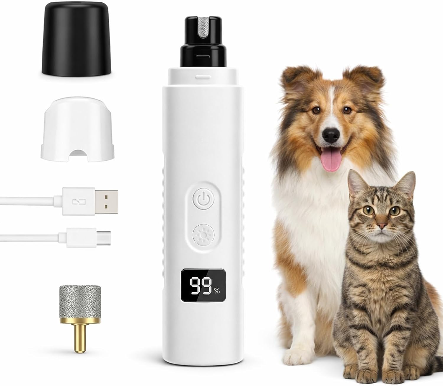 Ultra Quiet Dog Nail Grinder with LED Light, Cats & Dog Nail Trimmers, Anti-slip Dog Nail Clippers, High Speed Grinder for Cats, Small Medium Large Dogs, 3-Speed Adjustable, Replacement Grinding Heads