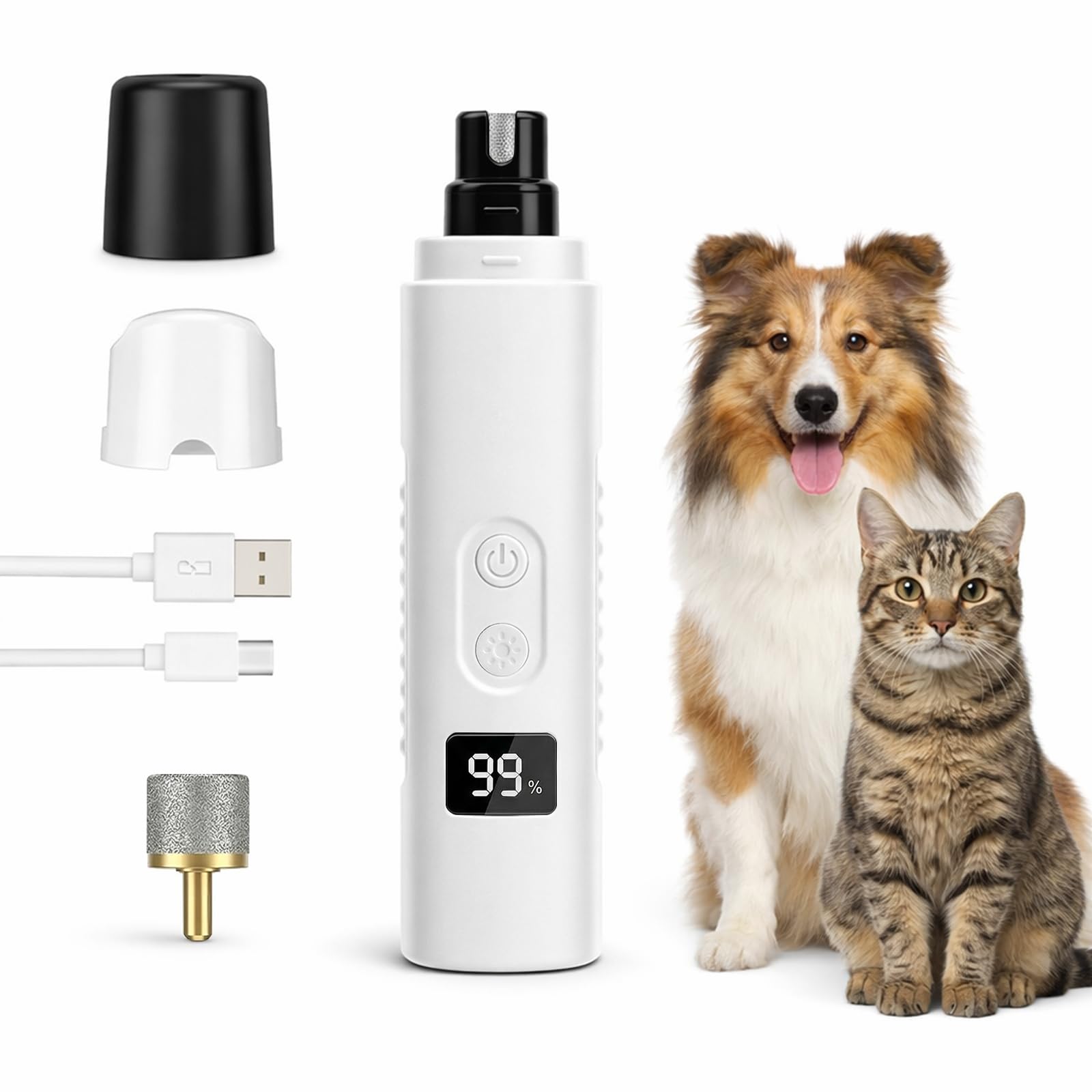 Ultra Quiet Dog Nail Grinder with LED Light, Cats & Dog Nail Trimmers, Anti-slip Dog Nail Clippers, High Speed Grinder for Cats, Small Medium Large Dogs, 3-Speed Adjustable, Replacement Grinding Heads