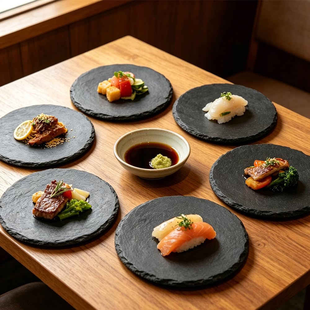 6 piatti in ardesia rotondi, 15 x 15 cm, piccoli, antiscivolo, per servire e scrivere, piatti per buffet, sushi e formaggio