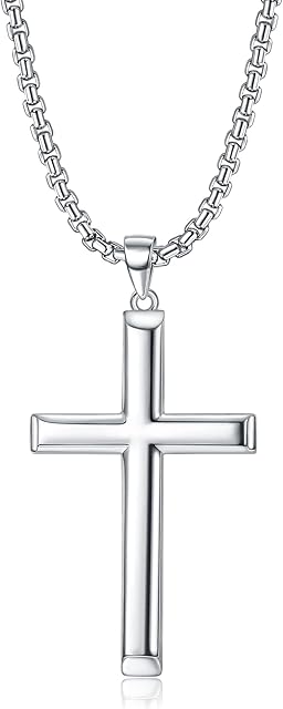 KRFY 925 Sterling Silver Polished Beveled Edge Cross Pendant Necklace for Men Women 5mm Stainless Steel Diamond-Cut Figaro Cross Chain Necklace 16/18/20/22/24/26/30 Inches