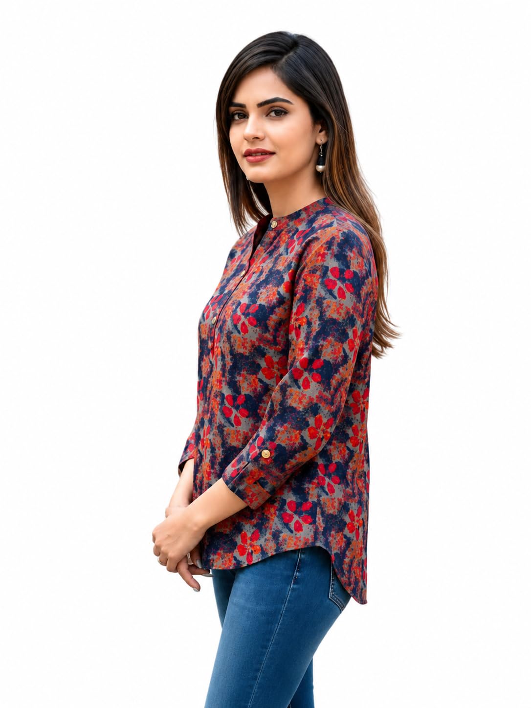 Women's Floral Print Tunic Top with Mandarin Collar with 3/4 Sleeves-picture-40