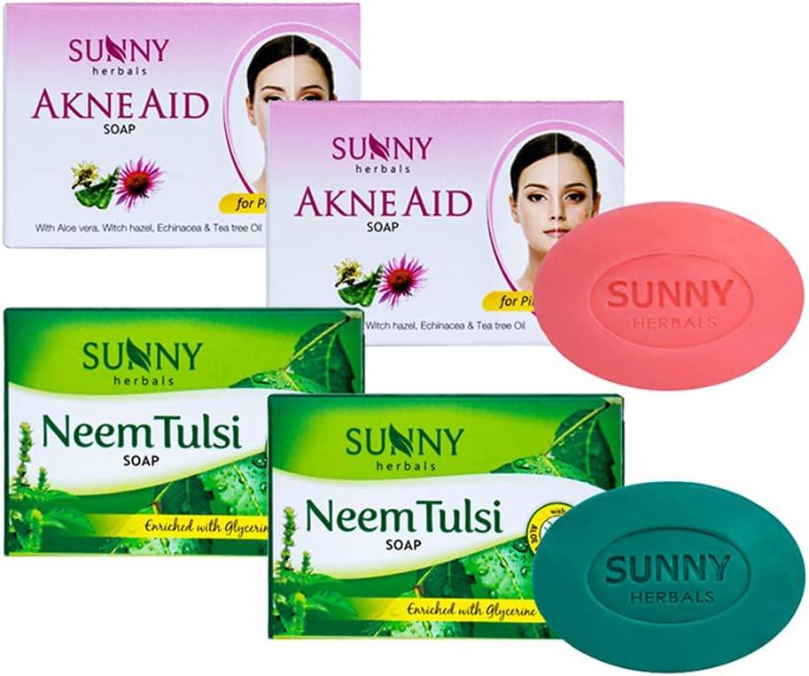 Sunny Akne aid Soap(75gm*2) & Neem Tulsi Soap(75gm*2) | Witch Hazel Removes Excess oil & prevents acne | Neem & Tulsi prevent infections | Deep cleansing | For Hydrated, Supple & Rash Free Skin