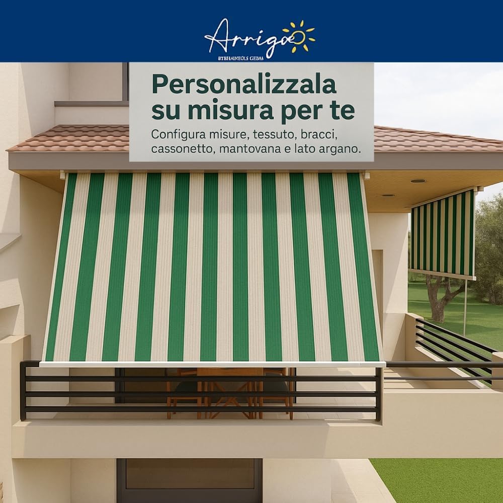 Arrigo Atelier Tenda a Caduta Libera su Misura per Balconi e Verande, Tessuto Tempotest Idrorepellente Anti-UV, Braccetti Regolabili su Ringhiera, con o senza Cassonetto (CON CASSONETTO)