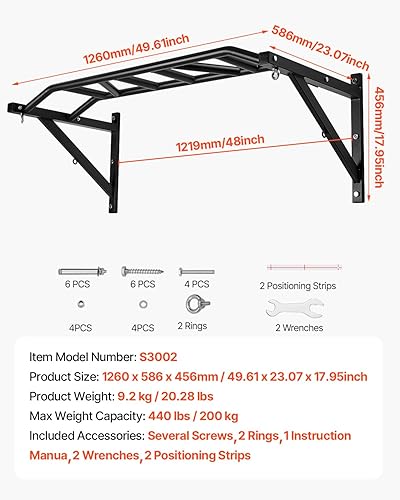 Miniatura 7 de VEVOR Pull Up Bar, Multi-Grip Wall Mounted Pull Ups, 50 in Width Multifunctional Chin Up Training Station, Heavy Duty Steel Upper Body Workout Bars