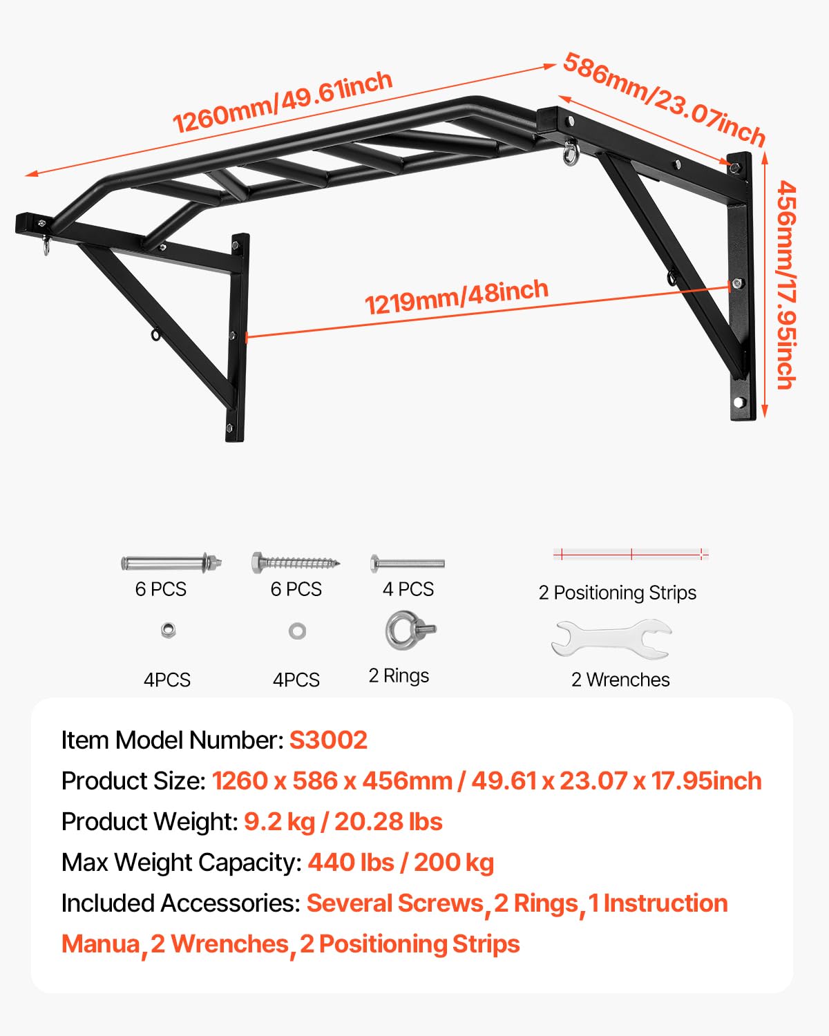 VEVOR Klimmzugstange Pull up Bar zur Wandmontage, 127 cm breite, multifunktionale Oberkörper-Trainingsstangen aus Stahl mit Aufhängern, Klimmzug-Trainingsstation (200 kg belastbar), Fitnessstudio
