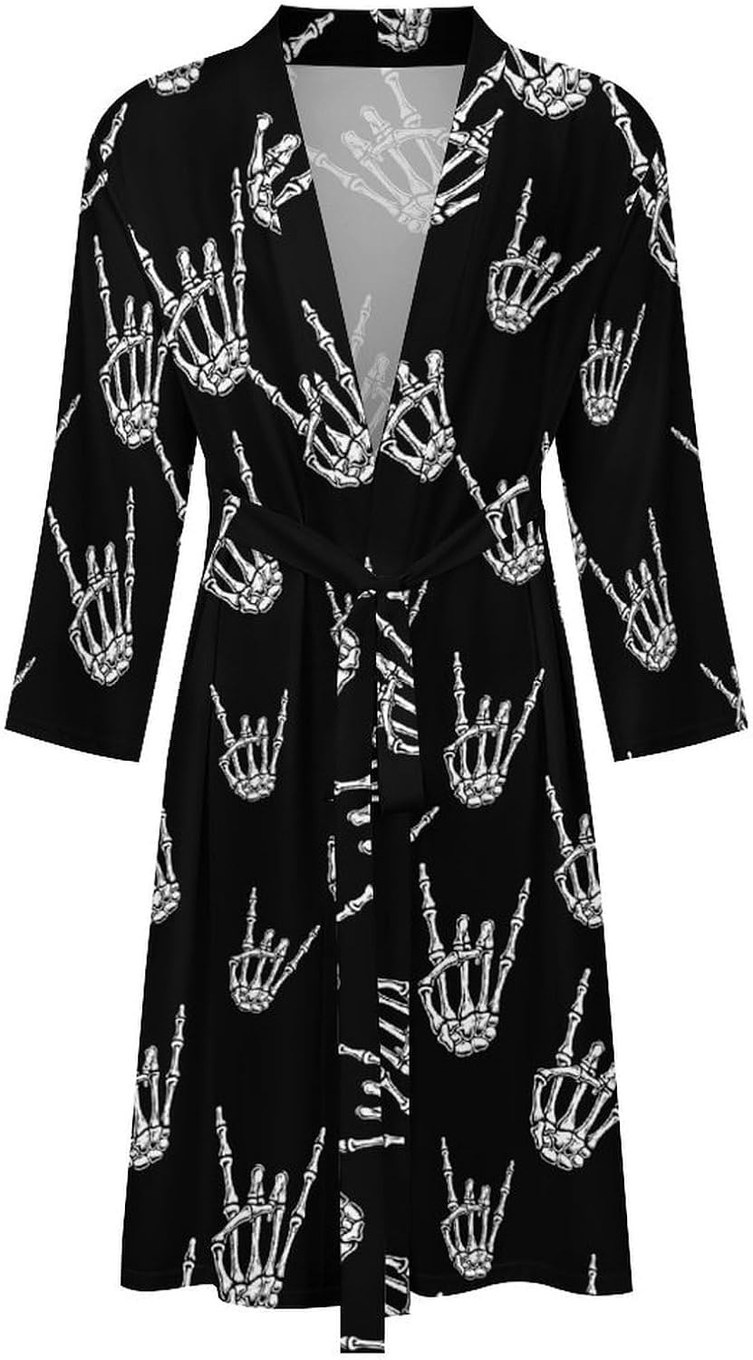 Rock N Roll Skull Hand Mens Summer Robes Lightweight Bathrobe Bath Robe Knee Length Shawl Collar Loungewear