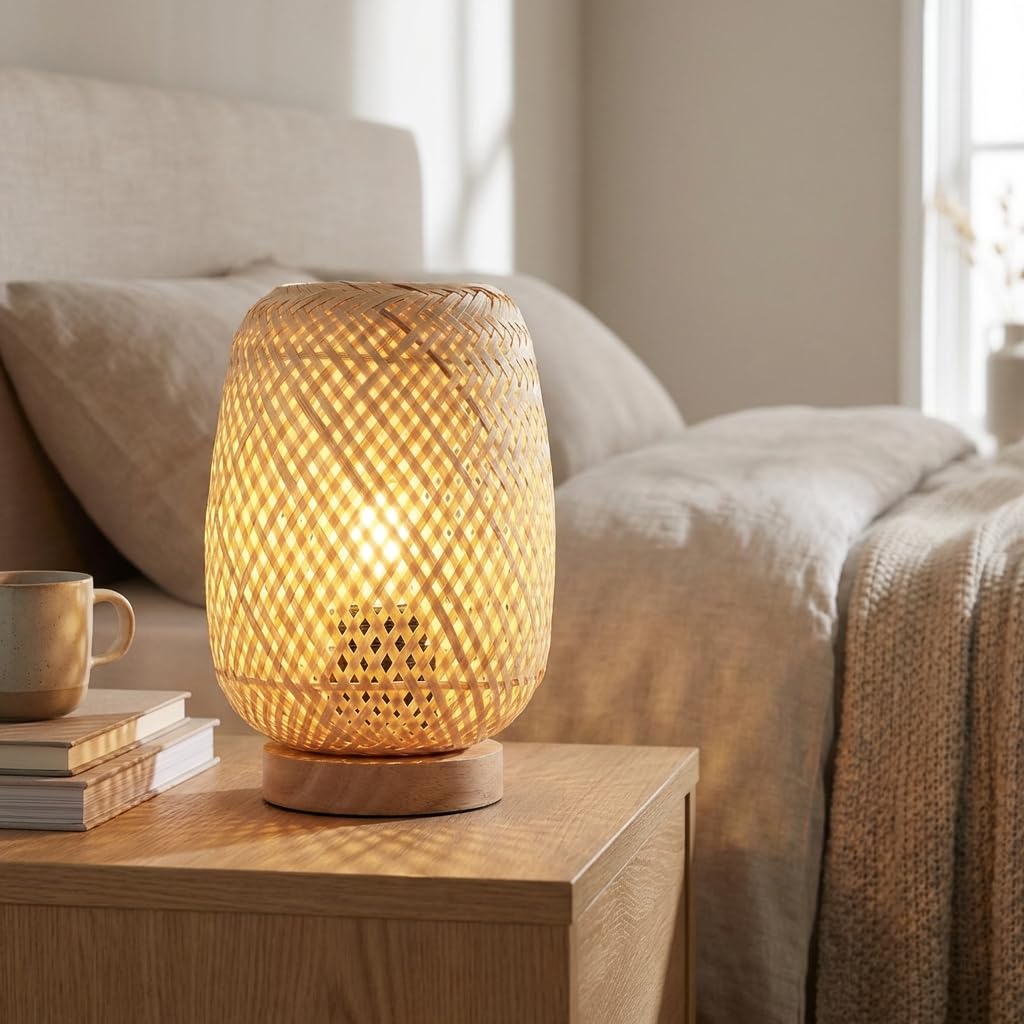 BARCELONA LED – Lámpara de Mesa de Mimbre y Madera "Ruka" – Diseño Artesanal con Pantalla Enrejada. Estilo Rústico, Boho Natural. E27 – Lámpara de sobremesa ideal para Salón, Dormitorio.