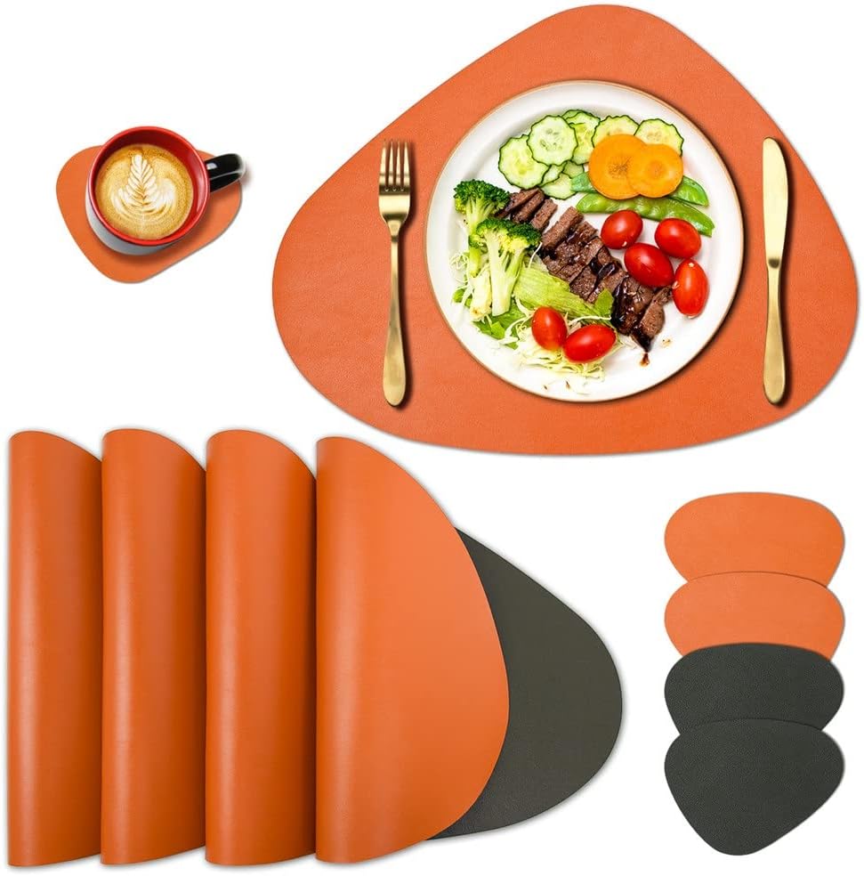 Sided PU Place Mat and Coaster Set of 4, Washable Heat Table Mats Placemats for Home