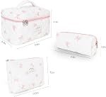 3Pcs Makeup Bag Cotton Quilted Travel Cosmetic Bag Cute Floral Makeup Pouch Large Toiletry Bag for Women Girls, Bow-Pink, Daily