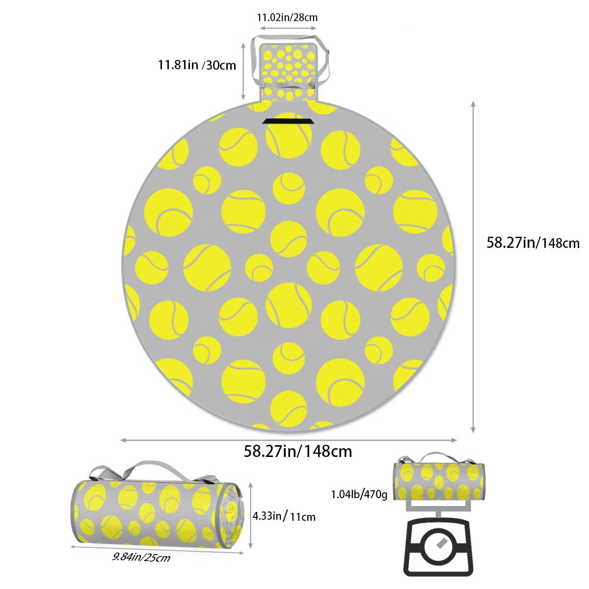 Shimoshe Yellow Tennis Ball Print Picnic Outdoor Blanket Foldable Waterproof Sandproof Beach Blanket Portable Water-Resistant Round Picnic Mat for Travel Camping Park Lawn