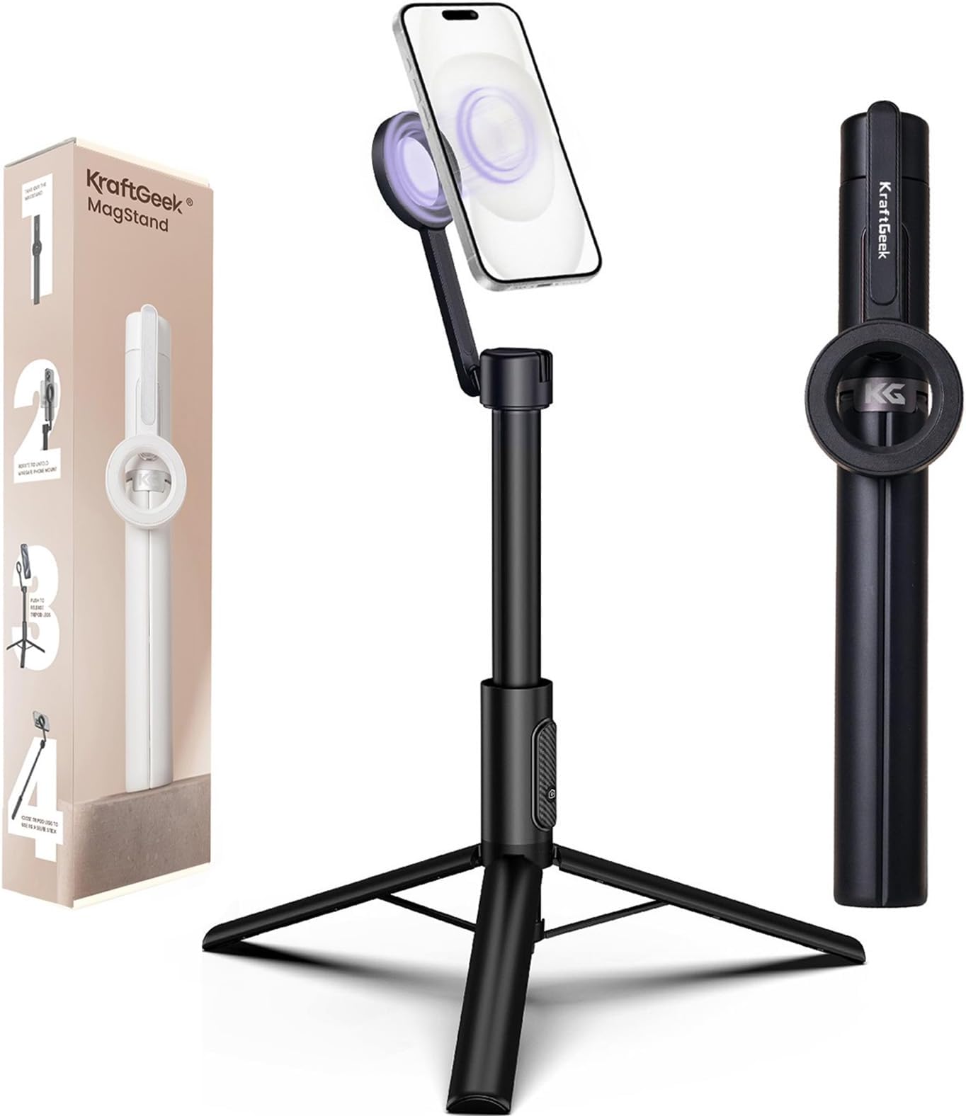 - KraftGeek Magnetic Phone Tripod for iPhone MagSafe, 64" Selfie Stick Cell Phone Tirpod Stand for Video Recording, Vlogging & Content Creation