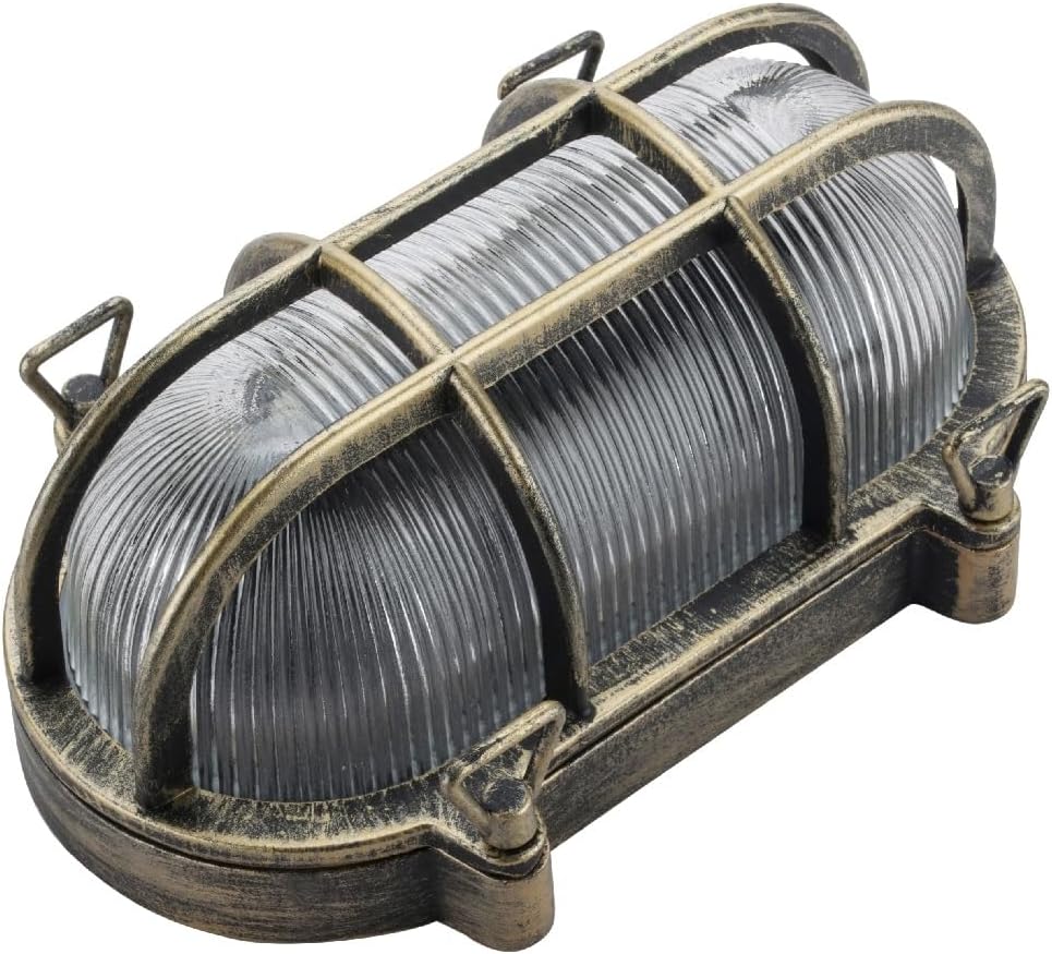 Antique Brass &amp; Ribbed Glass Outdoor Vintage Oval Flush Bulkhead Wall Light | 25cm Length | IP44 Rated | 1 x ES E27 Lamp Bulb Required | Bathroom Use | UK Approved | Low Profile Height Only 10.5cm [Energy Class A]