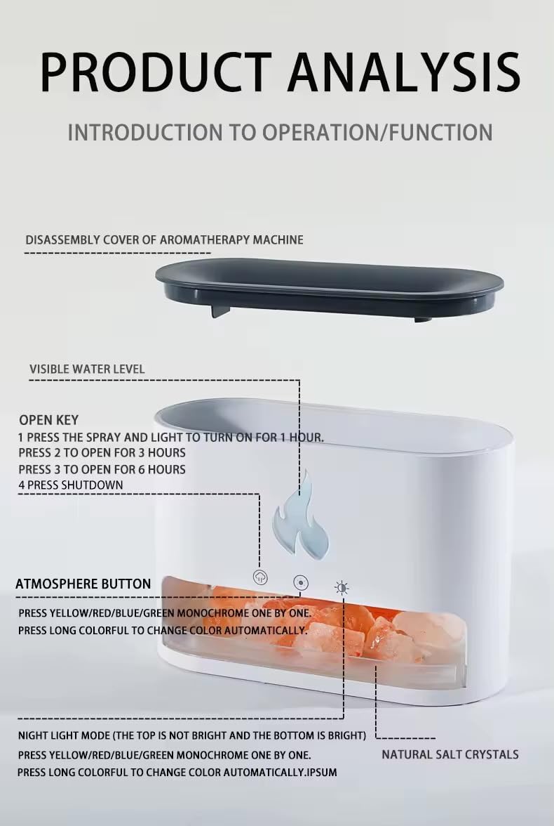 Diffusore di Aromi a LED Effetto Fiamma – Umidificatore Ultrasuoni con Pietre di Sale e Luci RGB – Silenzioso, USB Type-C, Design Moderno per Casa, Ufficio e Relax