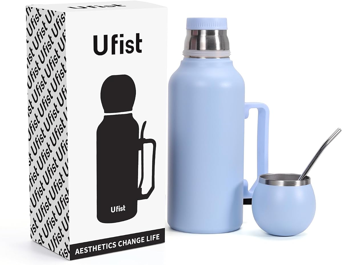 Yerba Mate Vacuum Insulated Bottle - Double Stainless Steel Wall 44oz I 1300ml Thermal Bottle Flask for Camping- A Mate Kit that includes Bombilla and Lid (Mate Cup) (Blue)