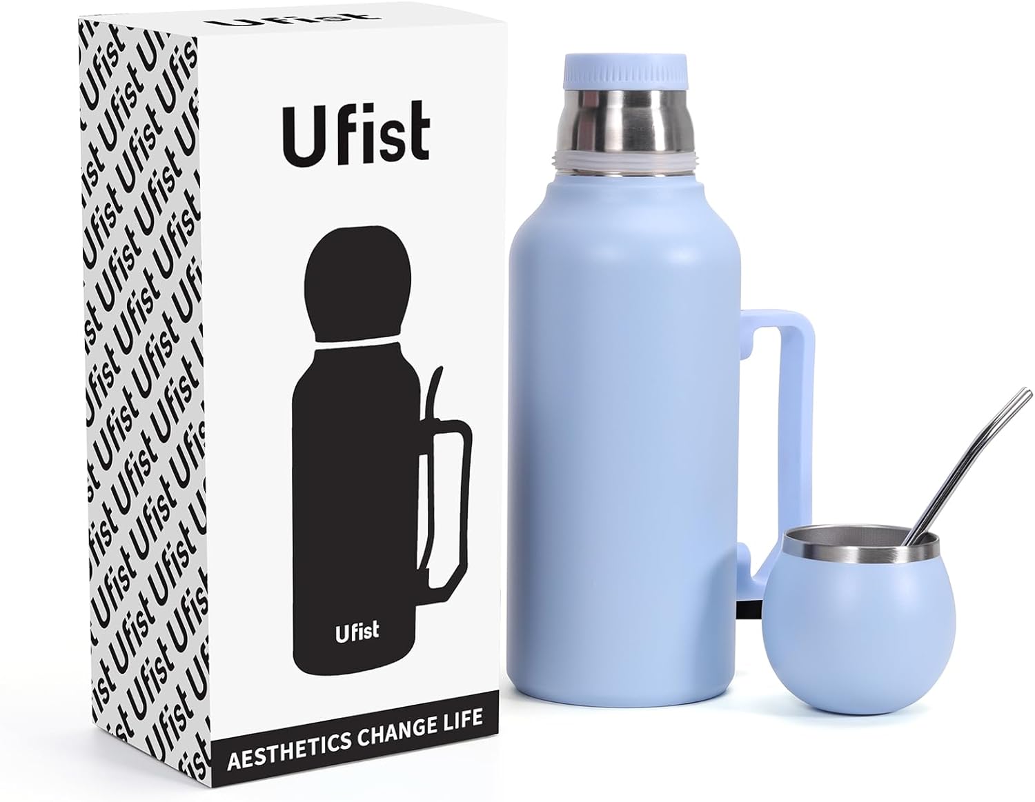 Yerba Mate Vacuum Insulated Bottle - Double Stainless Steel Wall 44oz I 1300ml Thermal Bottle Flask for Camping- A Mate Kit that includes Bombilla and Lid (Mate Cup) (Blue)