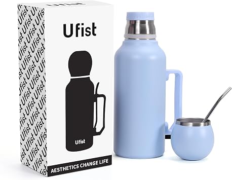 Yerba Mate Vacuum Insulated Bottle - Double Stainless Steel Wall 44oz I 1300ml Thermal Bottle Flask for Camping- A Mate Kit that includes Bombilla and Lid Mate Cup Blue