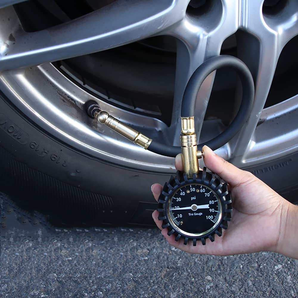 Manometro per Pneumatici, contatore di Pressione Portatile puntatore, Tubo in Gomma Resistente e Struttura in Ottone Massiccio, Adatto per Auto, Camion e motocicli (Oro)