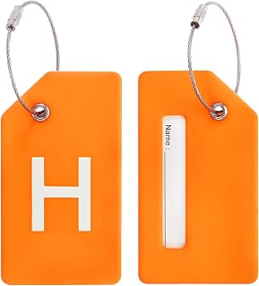 PATIKIL Initial Luggage Tags, 2 Pcs Silicone Suitcase Tag Identifier ID Card Holder Unique Luggage Name Tags with Stainless Steel Loop, Letter H, Orange