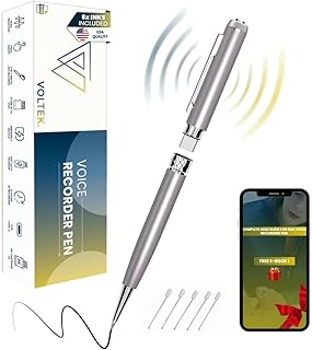 VOLTEK Caneta gravador de áudio - captura a voz com o detetor de ditafones vocal. Micro gravador mini escuta remota com memória de 64 GB, livro eletrónico grátis incluído (prata)
