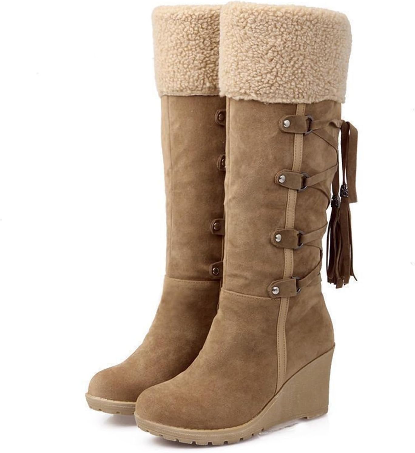 RiceelSor Women's Winter Fuzzy Collar Wedge The Knee Thigh Snow Boots Fully Fur Lined Warm Non-slip Comfortable Fringe Back Lace-Up Pull On High Boots