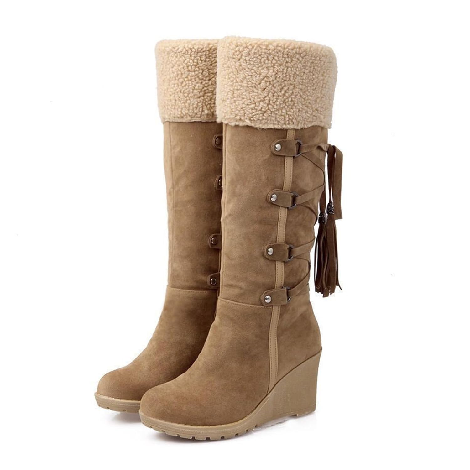 Womens Winter Fuzzy Collar Wedge The Knee Thigh Snow Boots Fully Fur Lined Warm Non-slip Comfortable Fringe Back