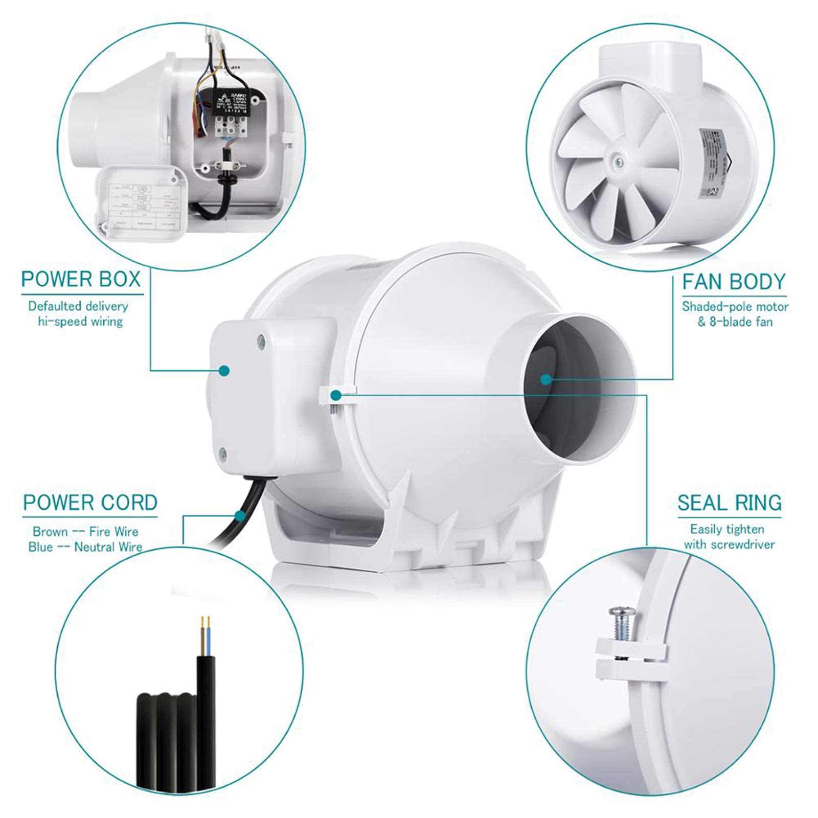 Aspiratore Professionale per Condotto a Flusso Misto da 73 mm 46m2/h 129 Pa 30W per Bagno d'ufficio