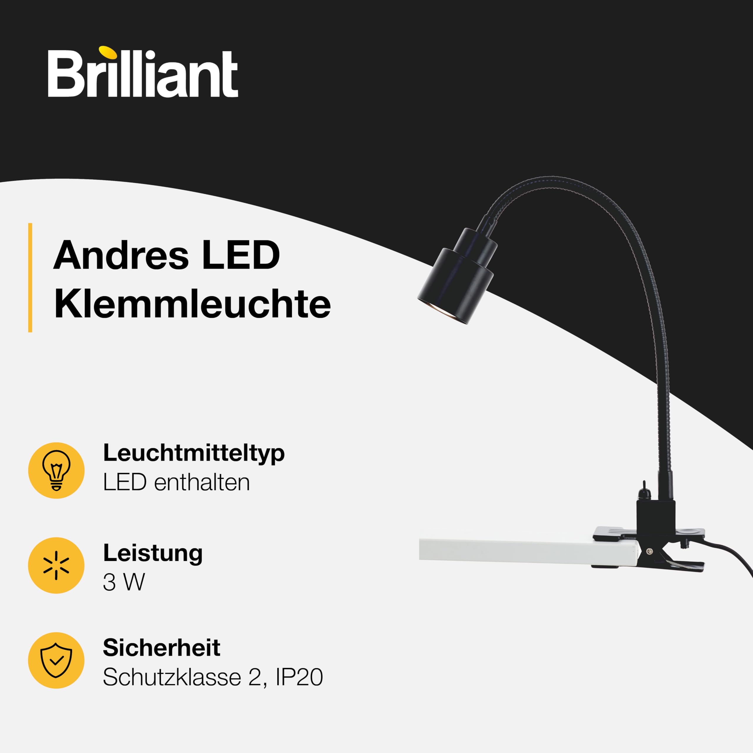 Brilliant LED Klemmleuchte in schwarz mit Flexarm & Kippschalter flexible Klemmlampe, Leselampe Schreibtischlampe Bettlampe mit 3 Watt und 300 Lumen, 3000K warmweiß inkl. LED fürs Schlafzimmer | Tischlampe mit Flexarm und Kippschalter, ideal für Schreibti
