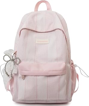 Cute Aesthetic Backpack Y2K Simple Striped Print Kawaii Backpacks Travel Laptop Rucksack Backpack for Women Pink