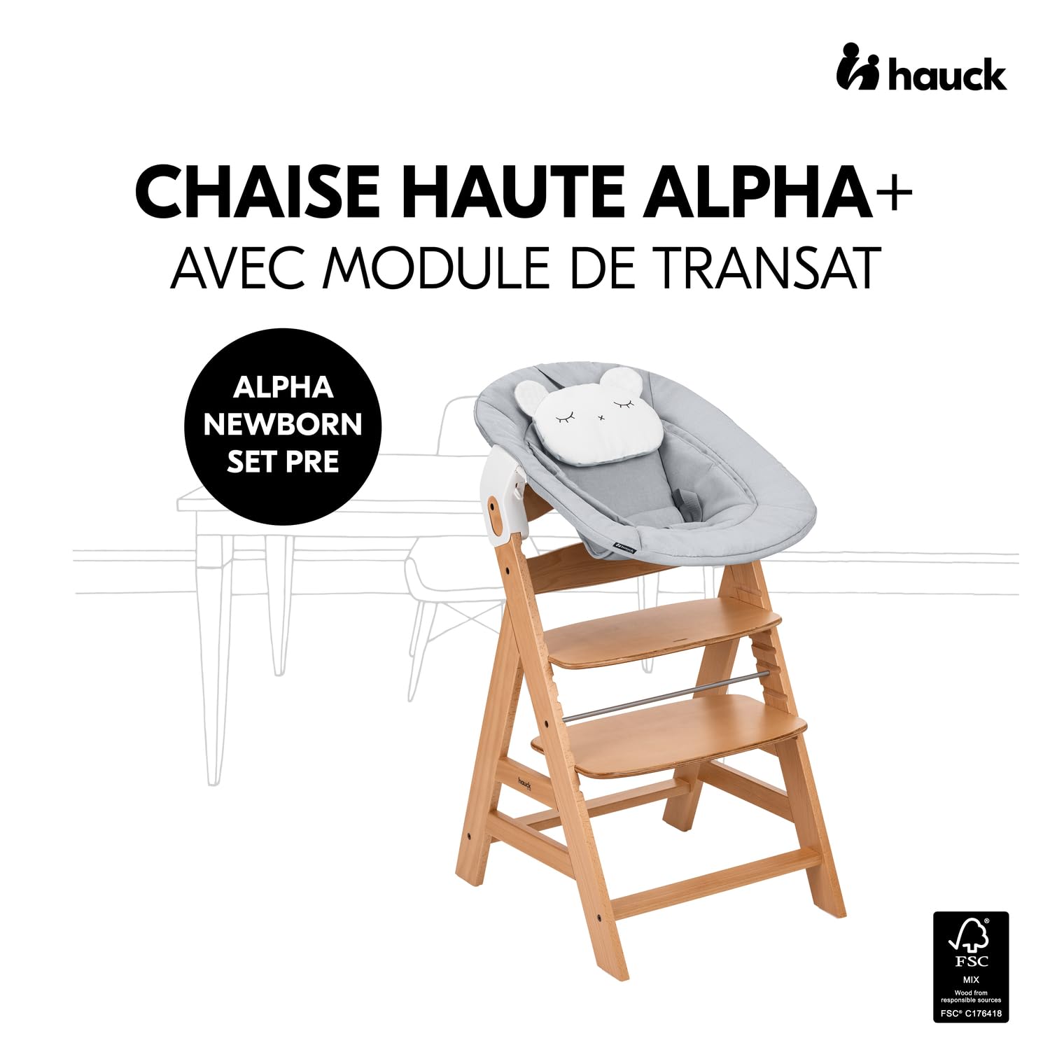 hauck Chaise Haute Bébé Evolutive en Bois Alpha Newborn Set Pre – dès la Naissance, Jusqu’à 90 Kg, Harnais 5 Points, Arceau de Sécurité et Réducteur Nouveau-Né, Naturel Gris