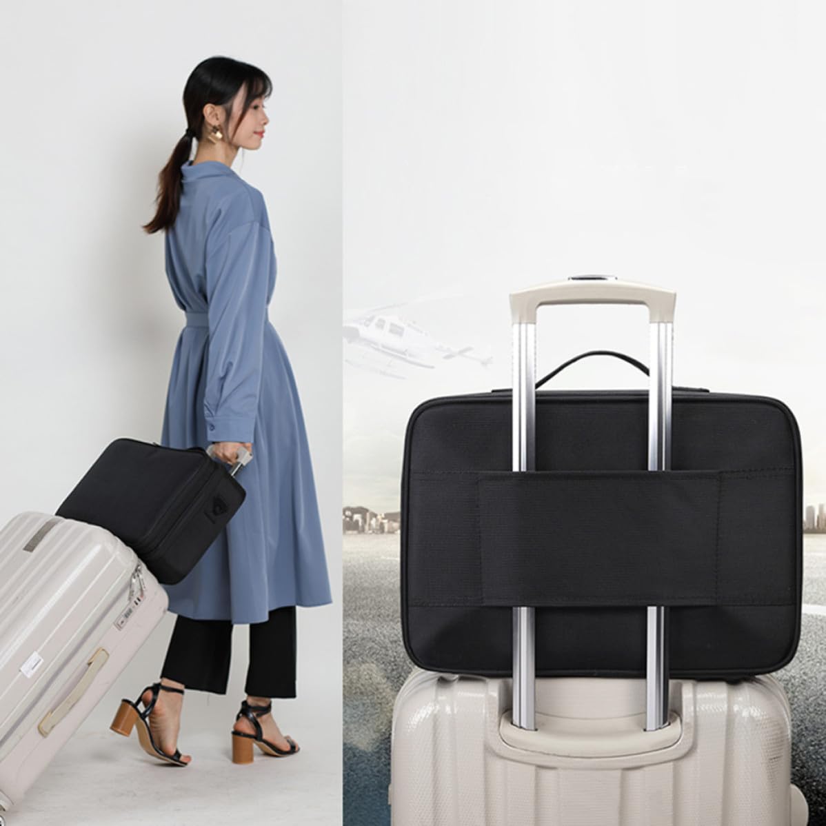 PRETYZOOM Bolsa de Maquillaje para Mujer de Tela Oxford Negra Diseño de Rejillas y Asa, Portátil y Práctica para Almacenamiento y Viaje