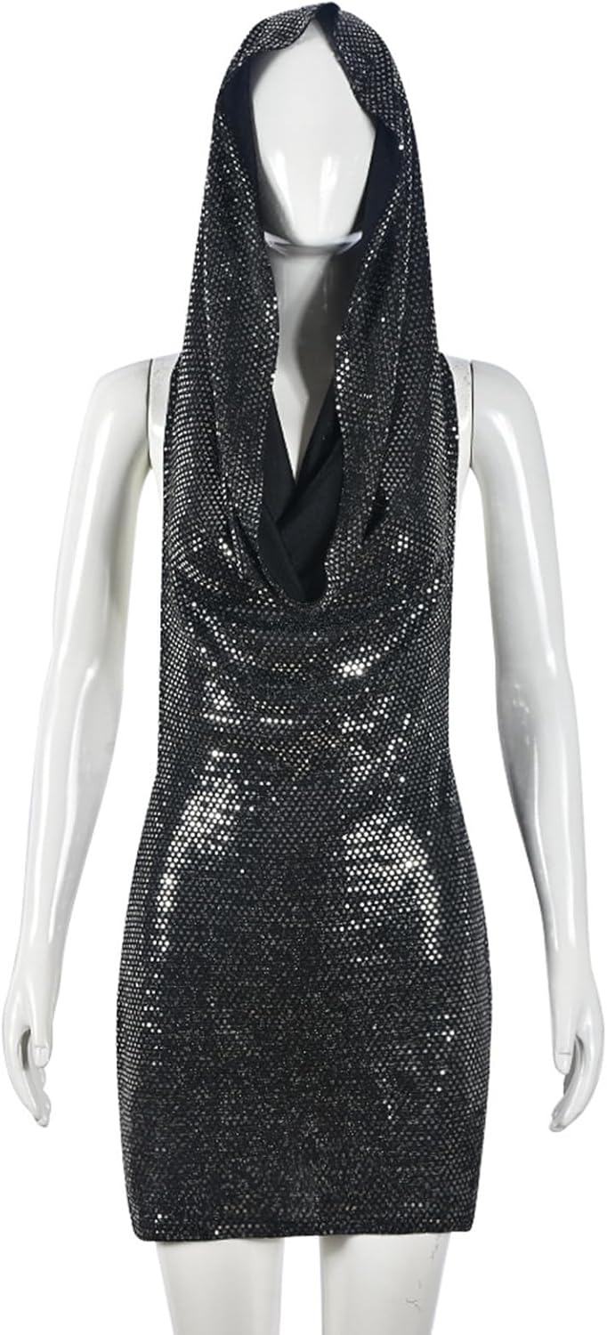 Women Sexy V-Neck Bodycon Sequin Mini Dress Hooded Sparkly Dresses for Party Club Night - Image 5