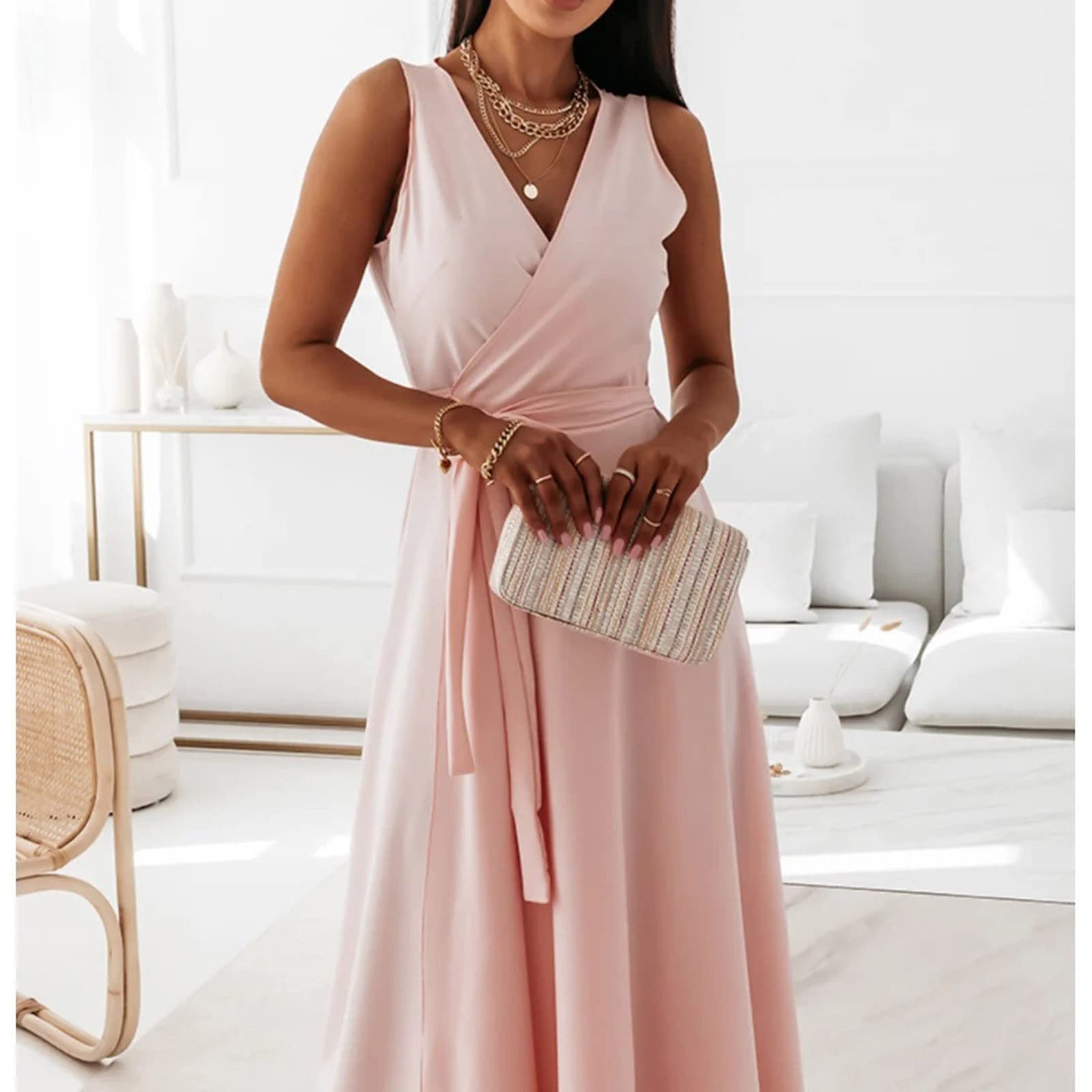 Abiti Donna Estivi Eleganti Cerimonia Abito da Donna Ballo Abiti Cocktail Party da Damigelle Senza Manica Classico Ruffled Vintage Festa Lunghi Sexy Hot Abito Donna Elegante Ballo