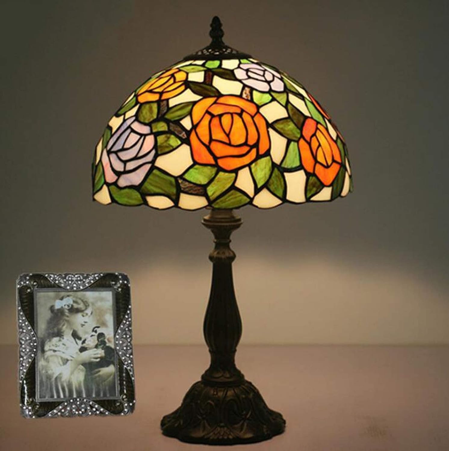 Table Lamp Vintage Banker Lamps Flower Pattern Lampshade(Alloy Base.)